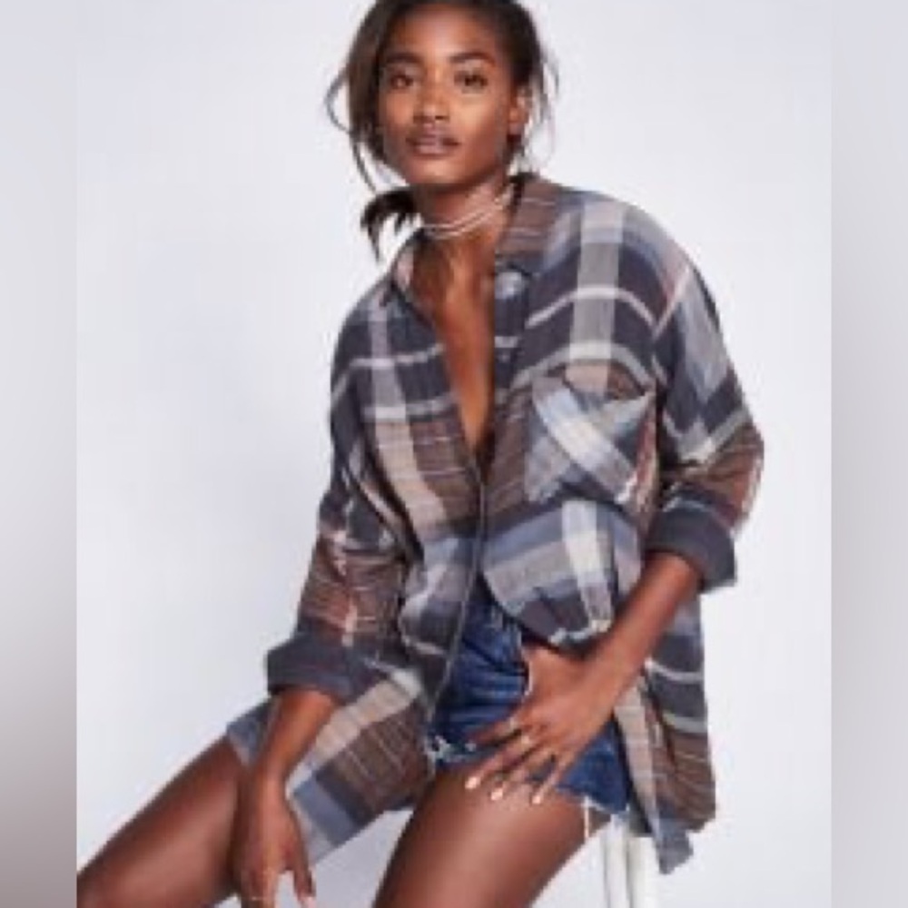 Free People Plaid Button-Down Shirt in Gray, Blue, Brown